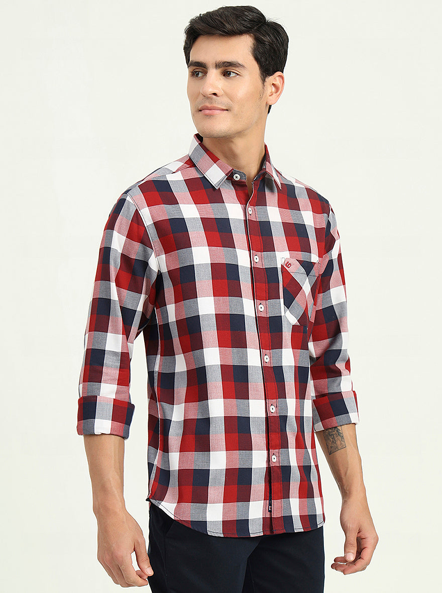 Red & White Checked Slim Fit Casual Shirt | Greenfibre