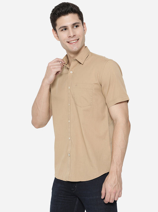 Bone Brown Solid Slim Fit Casual Shirt | Greenfibre