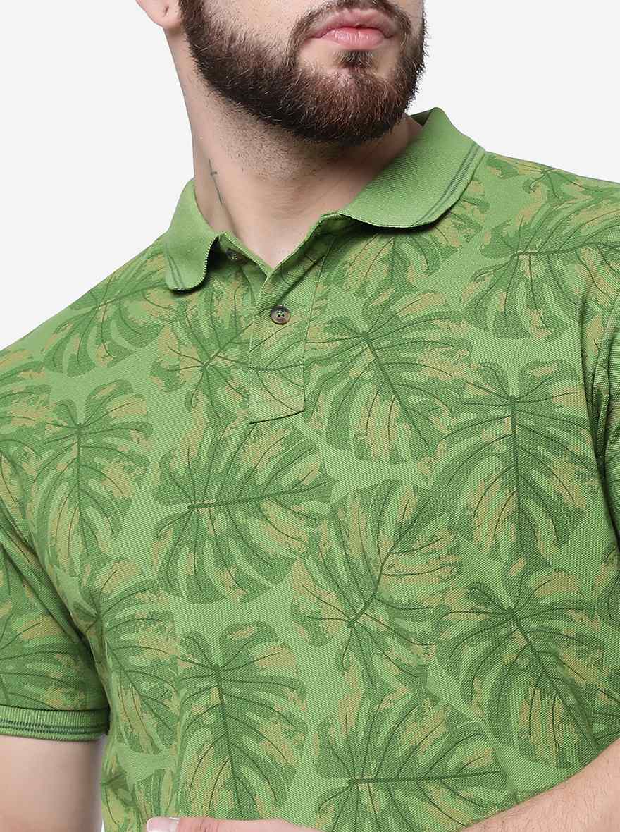 Peridot Green Printed Slim Fit Polo T-Shirt | Greenfibre