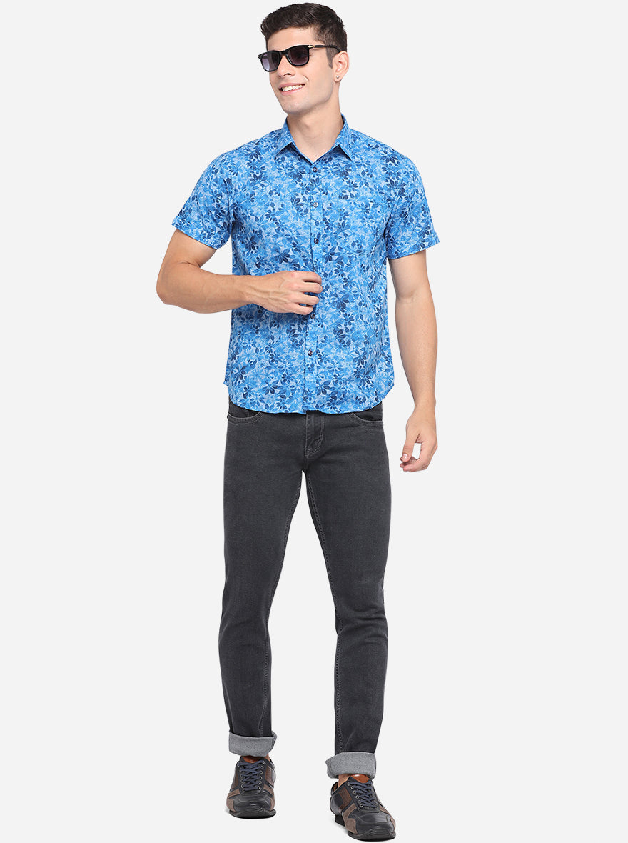 French Blue Printed Slim Fit Semi Casual Shirt | Greenfibre