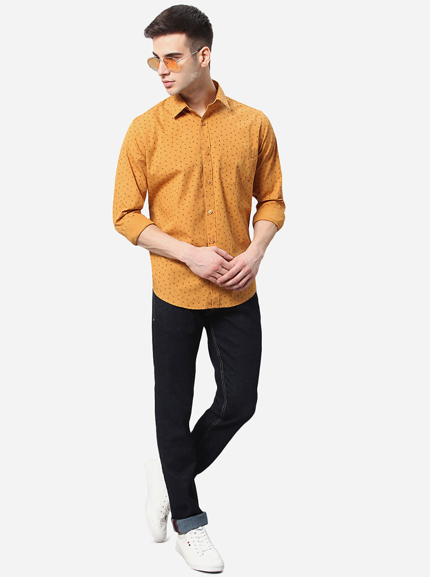 Mustard Yellow Printed Classic Fit Casual Shirt | Greenfibre