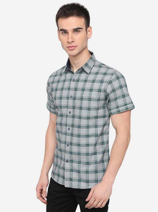 Aqua Blue & Grey Checked Slim Fit Casual Shirt | Greenfibre