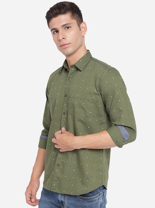 Chive Green Printed Slim Fit Casual Shirt | Greenfibre