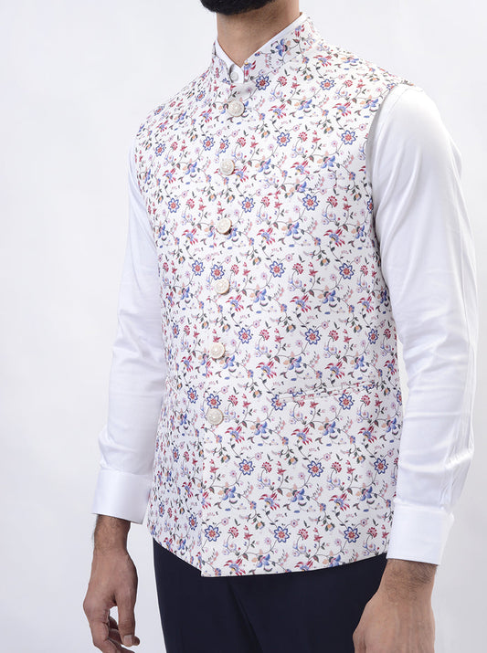 Cream Printed Regular Fit Bandhgala Jacket | Greenfibre