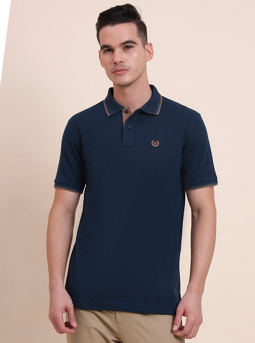 Indigo Blue Solid Slim Fit Polo T-Shirt | Greenfibre