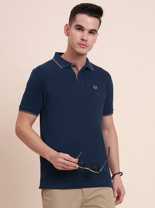 Indigo Blue Solid Slim Fit Polo T-Shirt | Greenfibre