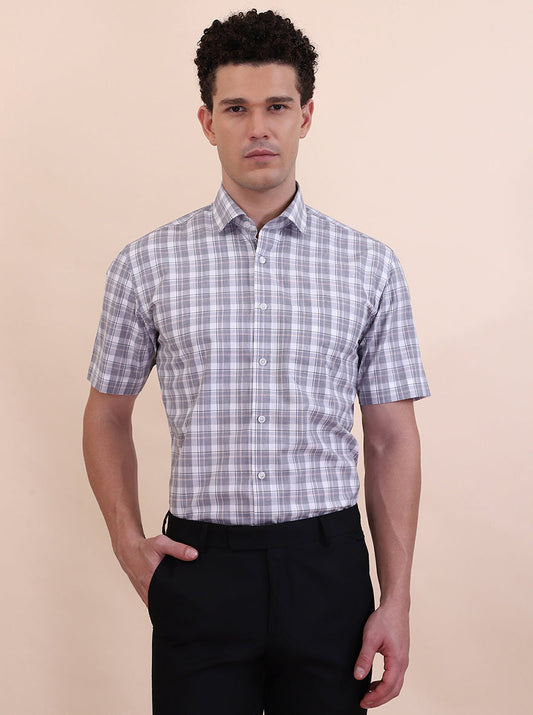 White & Grey Checked Regular Fit Formal Shirt | Greenfibre