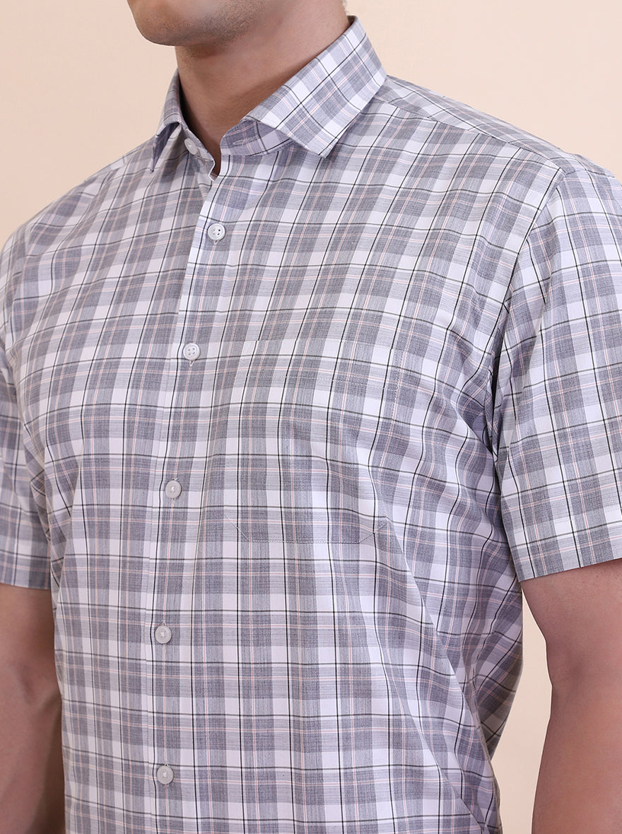 White & Grey Checked Regular Fit Formal Shirt | Greenfibre