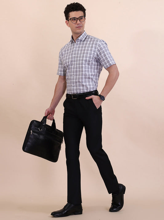 White & Grey Checked Regular Fit Formal Shirt | Greenfibre