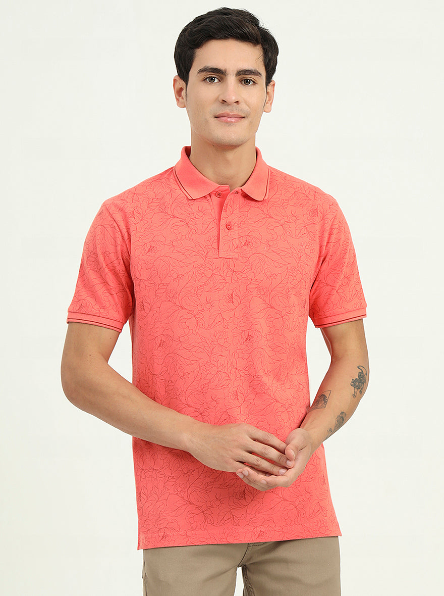 Peach Printed Slim Fit Polo T-Shirt | Greenfibre