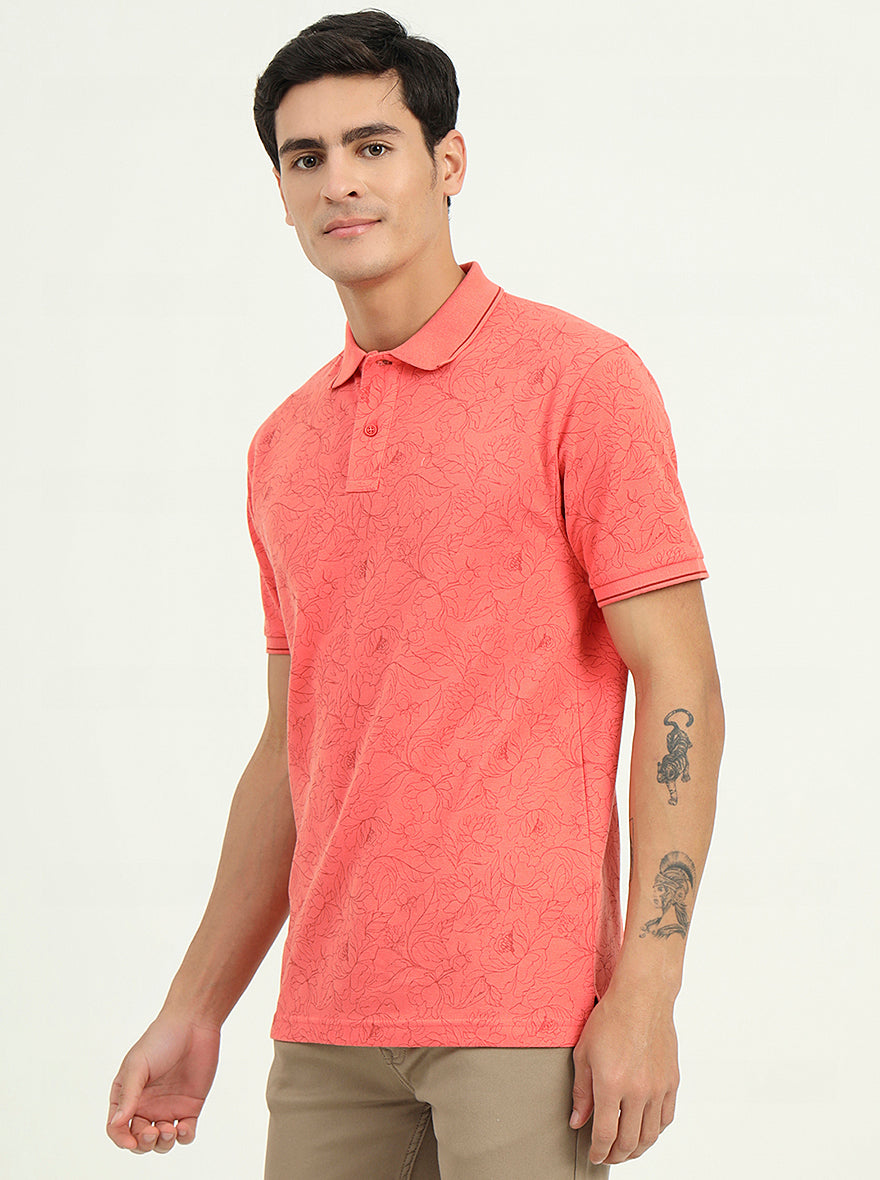 Peach Printed Slim Fit Polo T-Shirt | Greenfibre