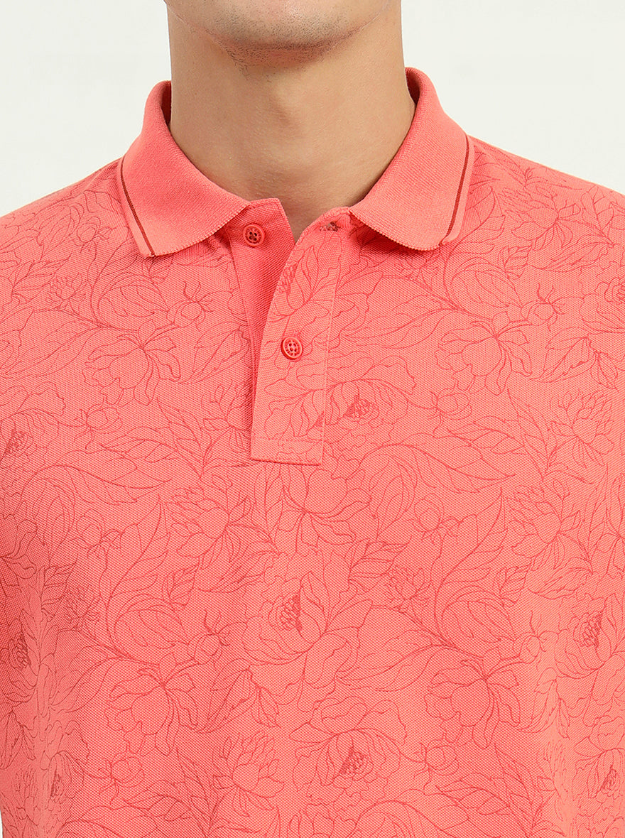 Peach Printed Slim Fit Polo T-Shirt | Greenfibre