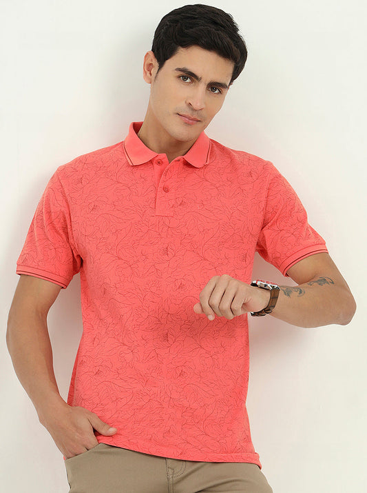 Peach Printed Slim Fit Polo T-Shirt | Greenfibre