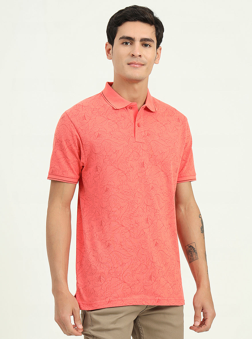Peach Printed Slim Fit Polo T-Shirt | Greenfibre