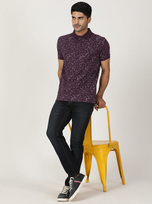 Wine Printed Slim Fit Polo T-Shirt | Greenfibre