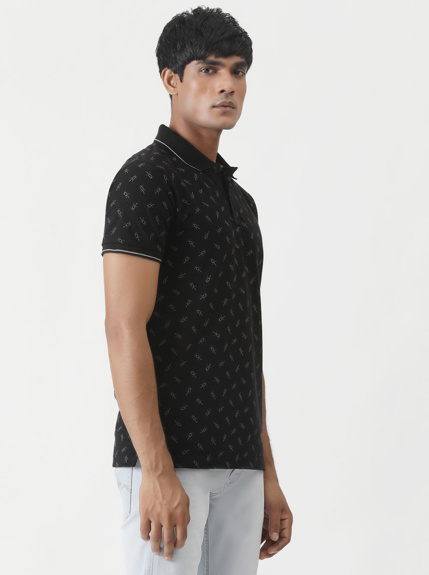 Black Printed Slim Fit Polo T-Shirt | Greenfibre