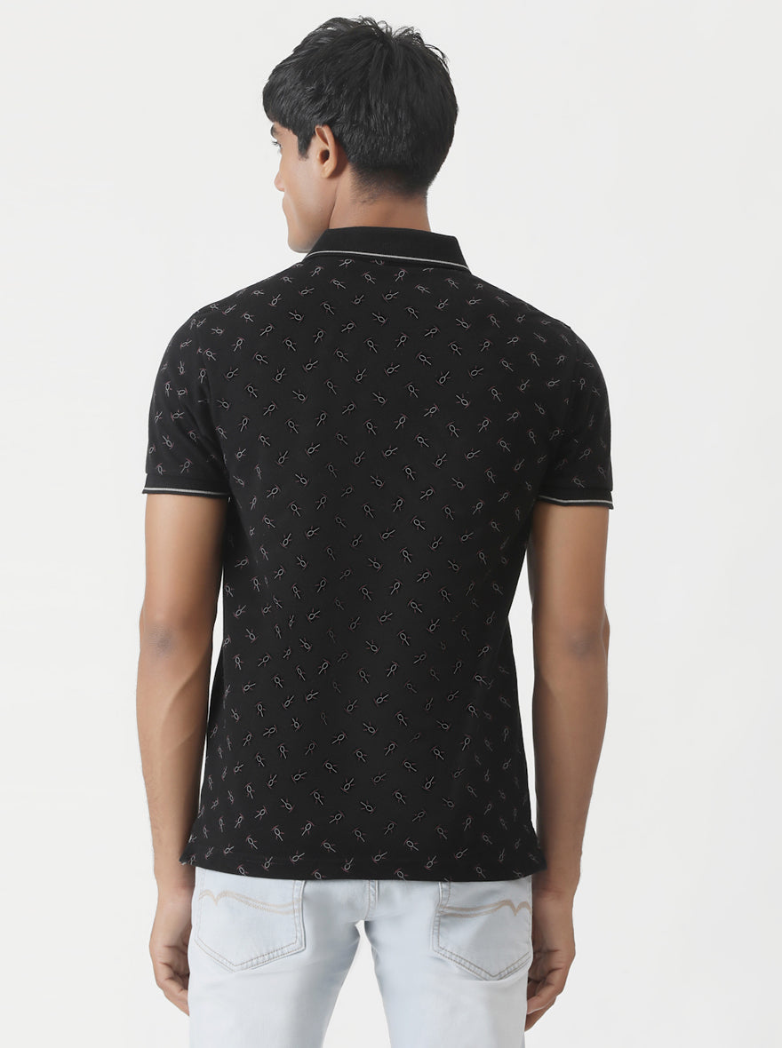 Black Printed Slim Fit Polo T-Shirt | Greenfibre