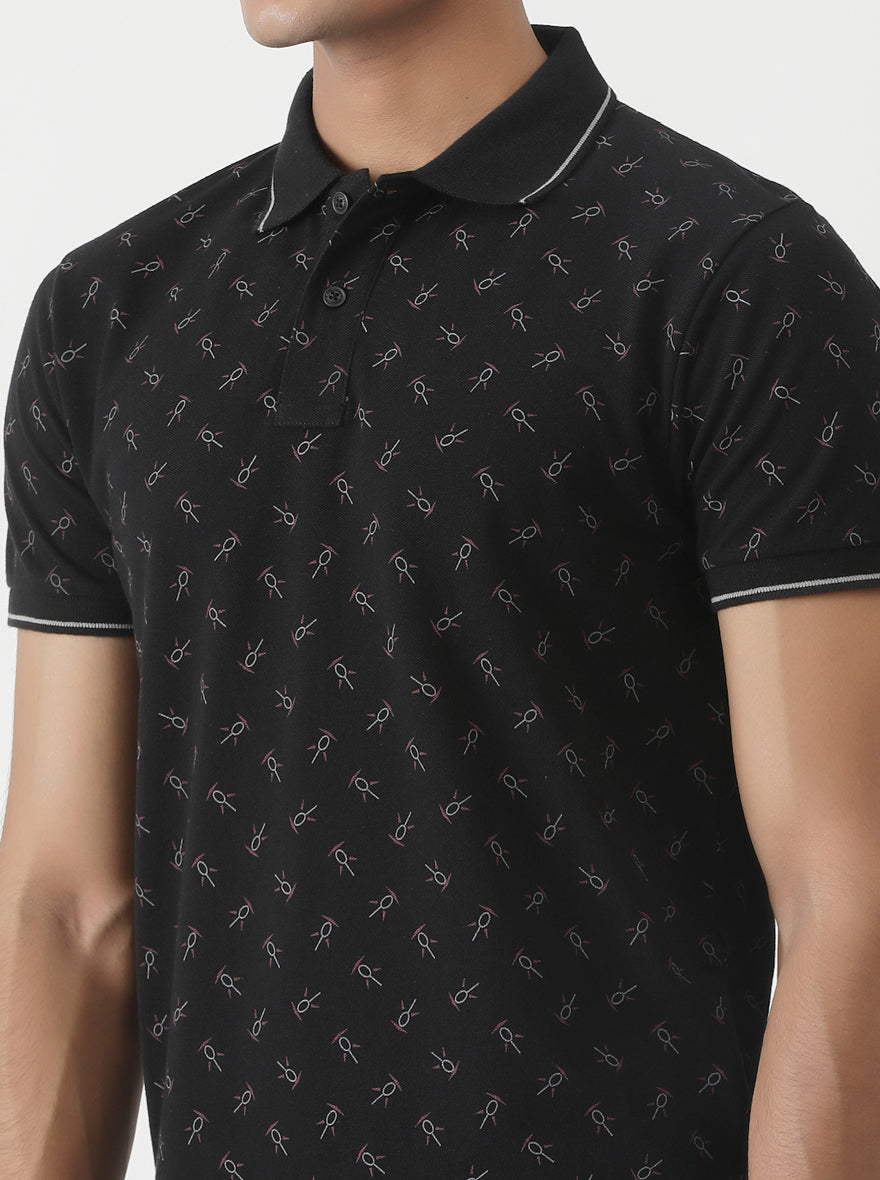 Black Printed Slim Fit Polo T-Shirt | Greenfibre