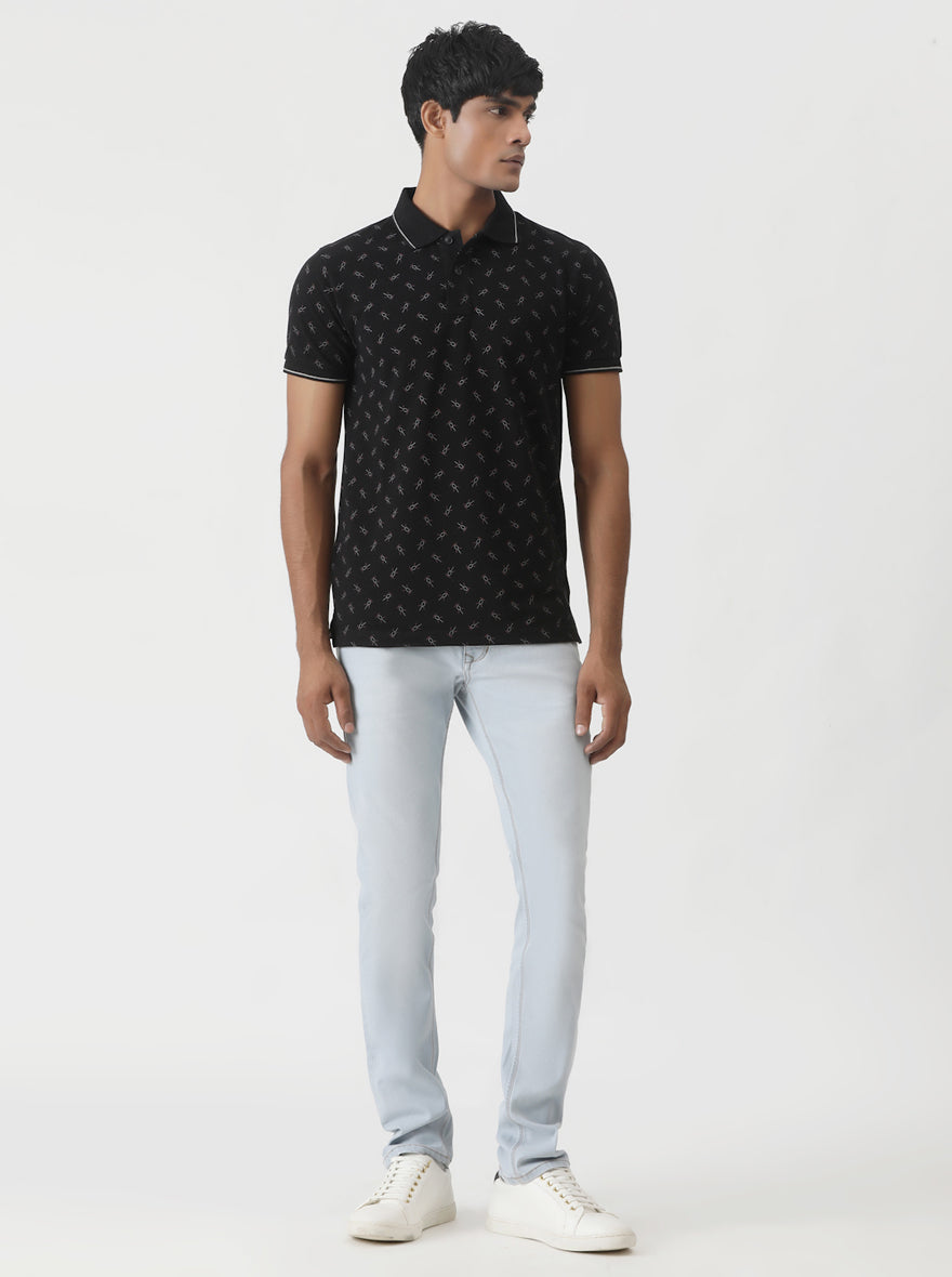 Black Printed Slim Fit Polo T-Shirt | Greenfibre
