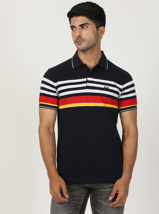 Navy Blue Striped Slim Fit Polo T-Shirt | Greenfibre