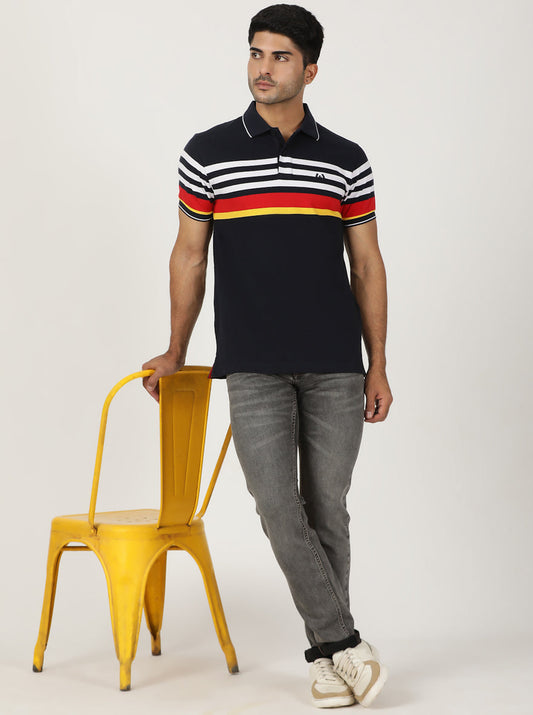 Navy Blue Striped Slim Fit Polo T-Shirt | Greenfibre