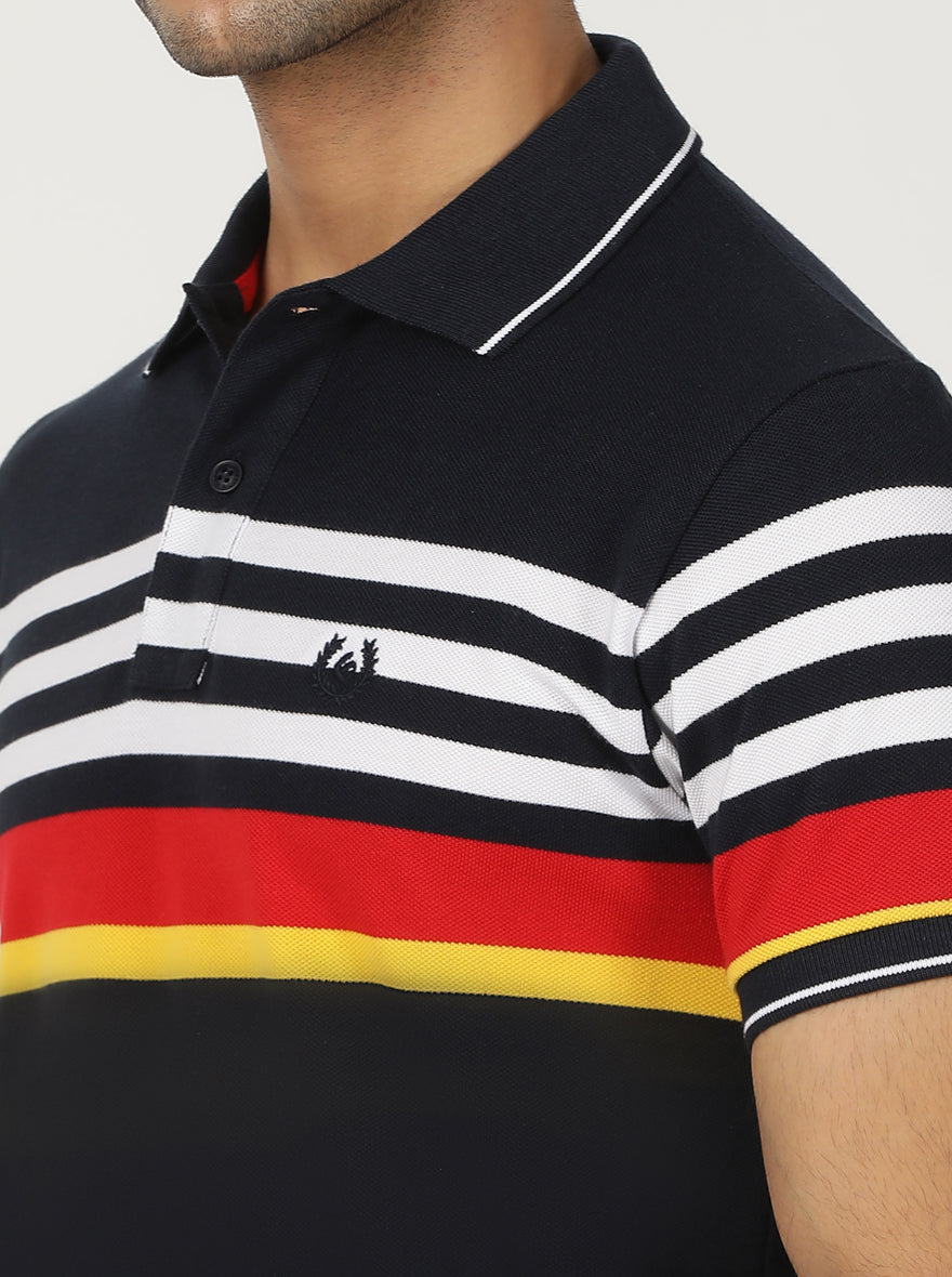 Navy Blue Striped Slim Fit Polo T-Shirt | Greenfibre