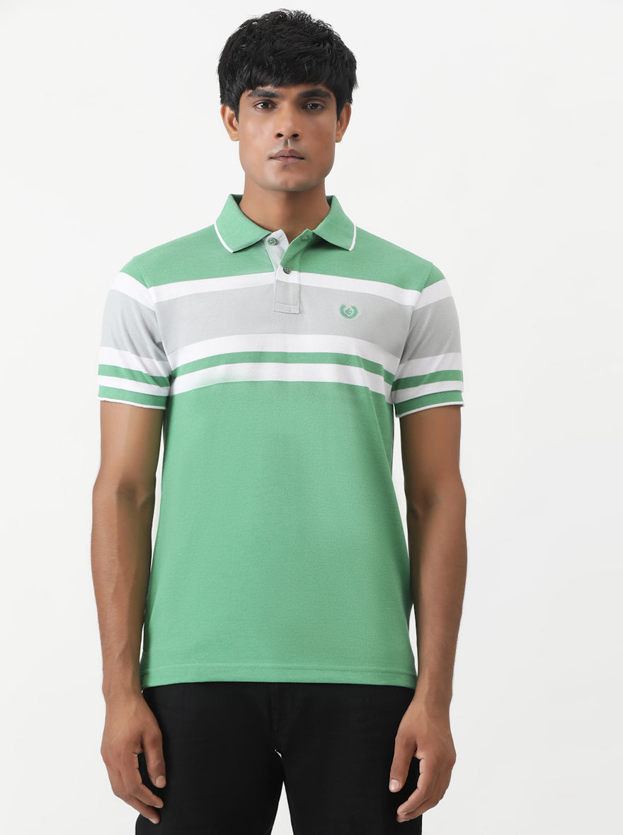 Green Striped Slim Fit Polo T-Shirt | Greenfibre