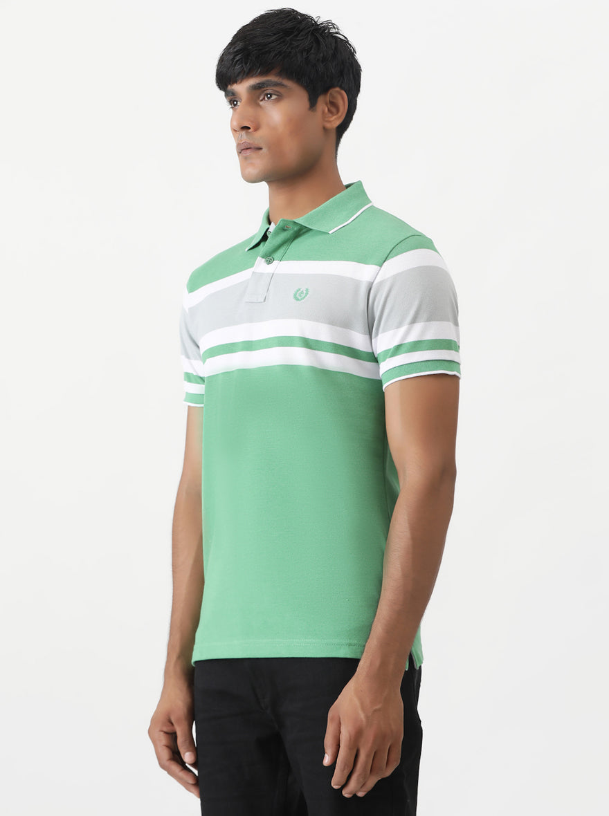 Green Striped Slim Fit Polo T-Shirt | Greenfibre