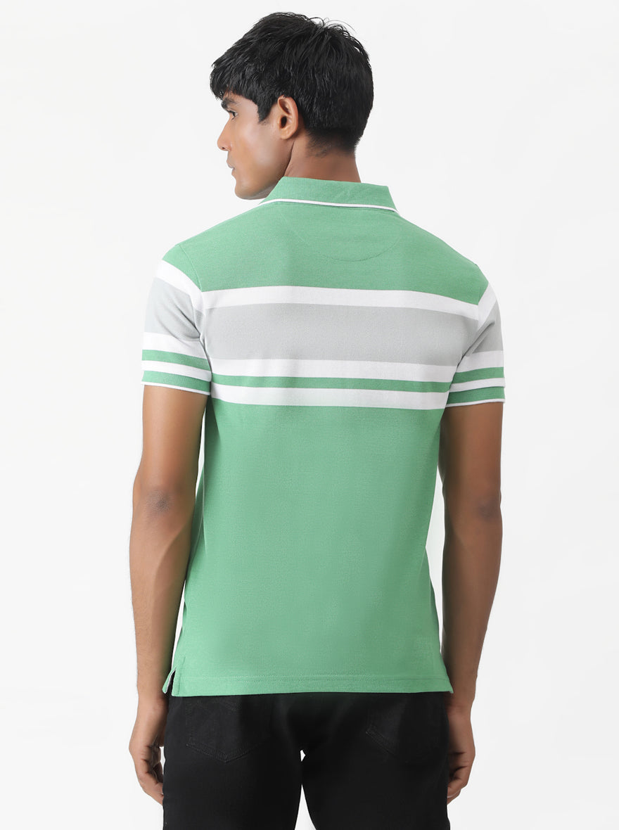 Green Striped Slim Fit Polo T-Shirt | Greenfibre