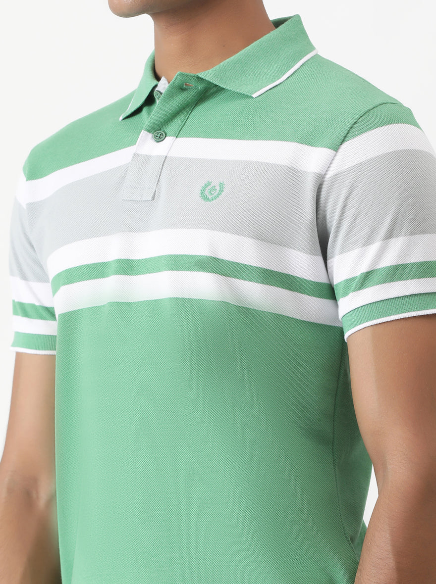 Green Striped Slim Fit Polo T-Shirt | Greenfibre