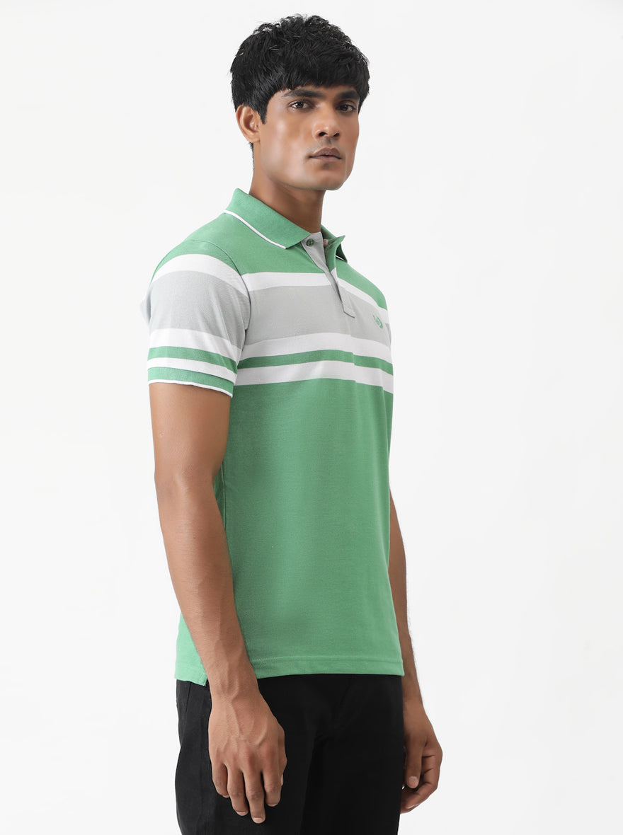 Green Striped Slim Fit Polo T-Shirt | Greenfibre