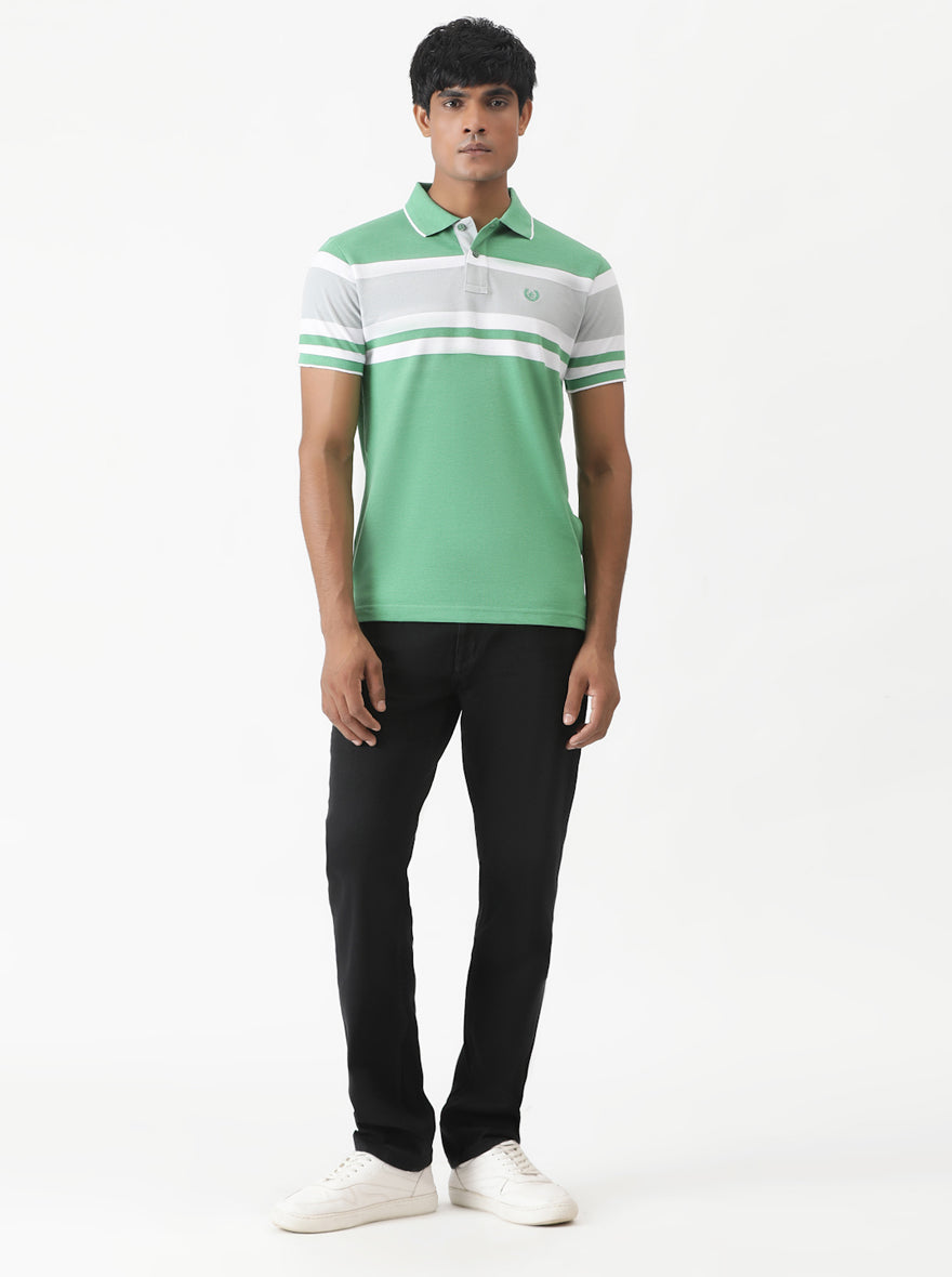 Green Striped Slim Fit Polo T-Shirt | Greenfibre