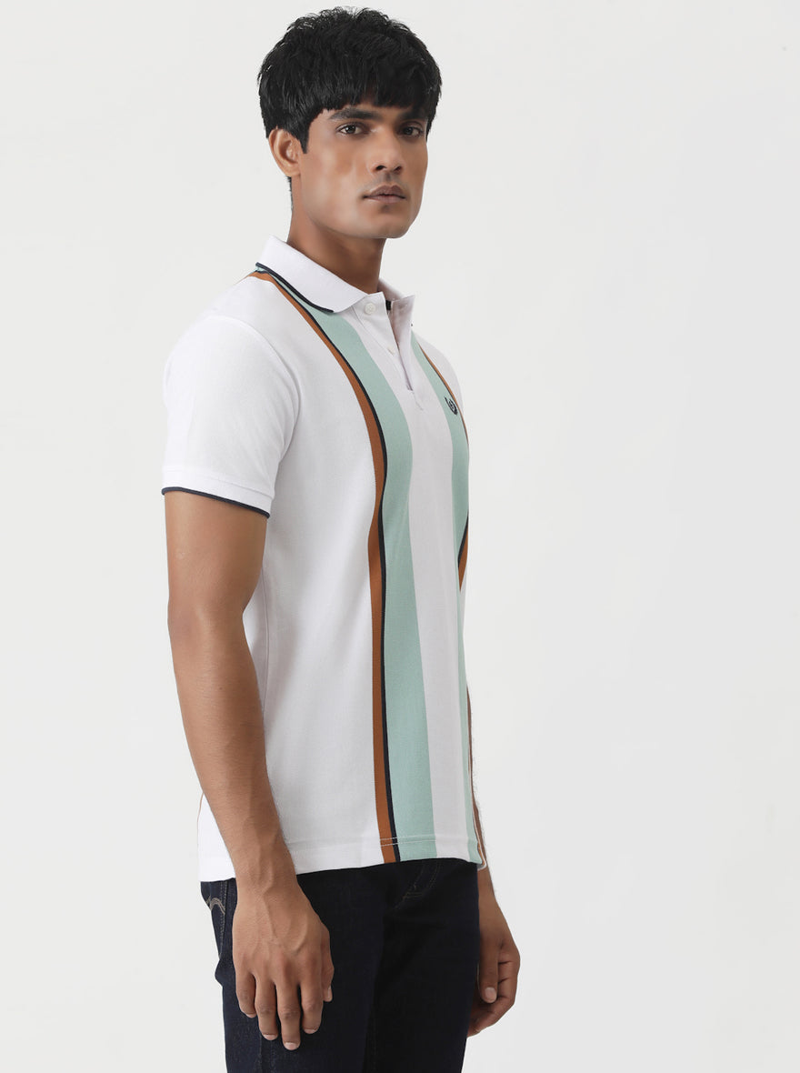 White Striped Slim Fit Polo T-Shirt | Greenfibre