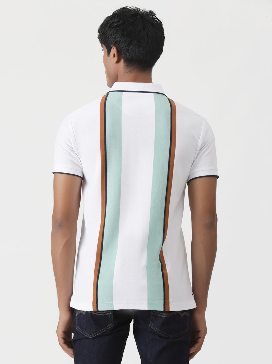 White Striped Slim Fit Polo T-Shirt | Greenfibre