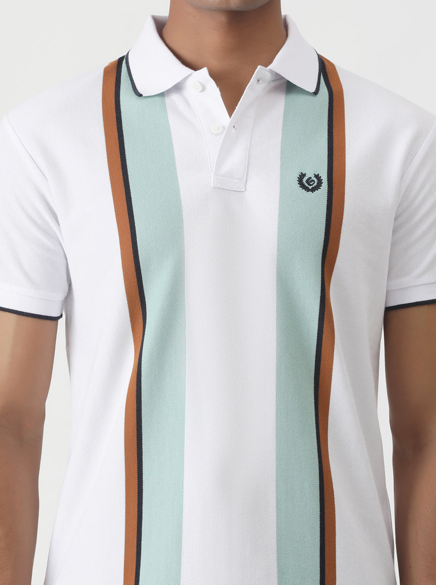 White Striped Slim Fit Polo T-Shirt | Greenfibre