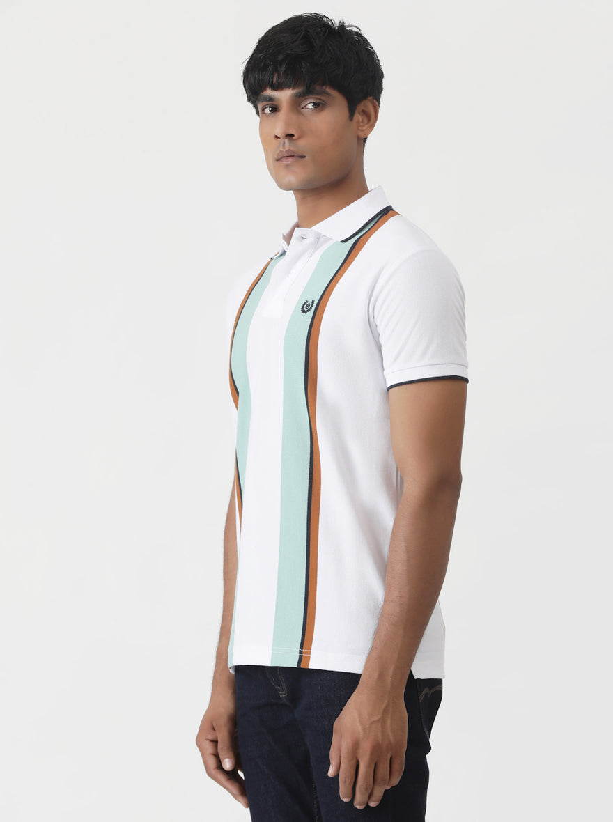 White Striped Slim Fit Polo T-Shirt | Greenfibre