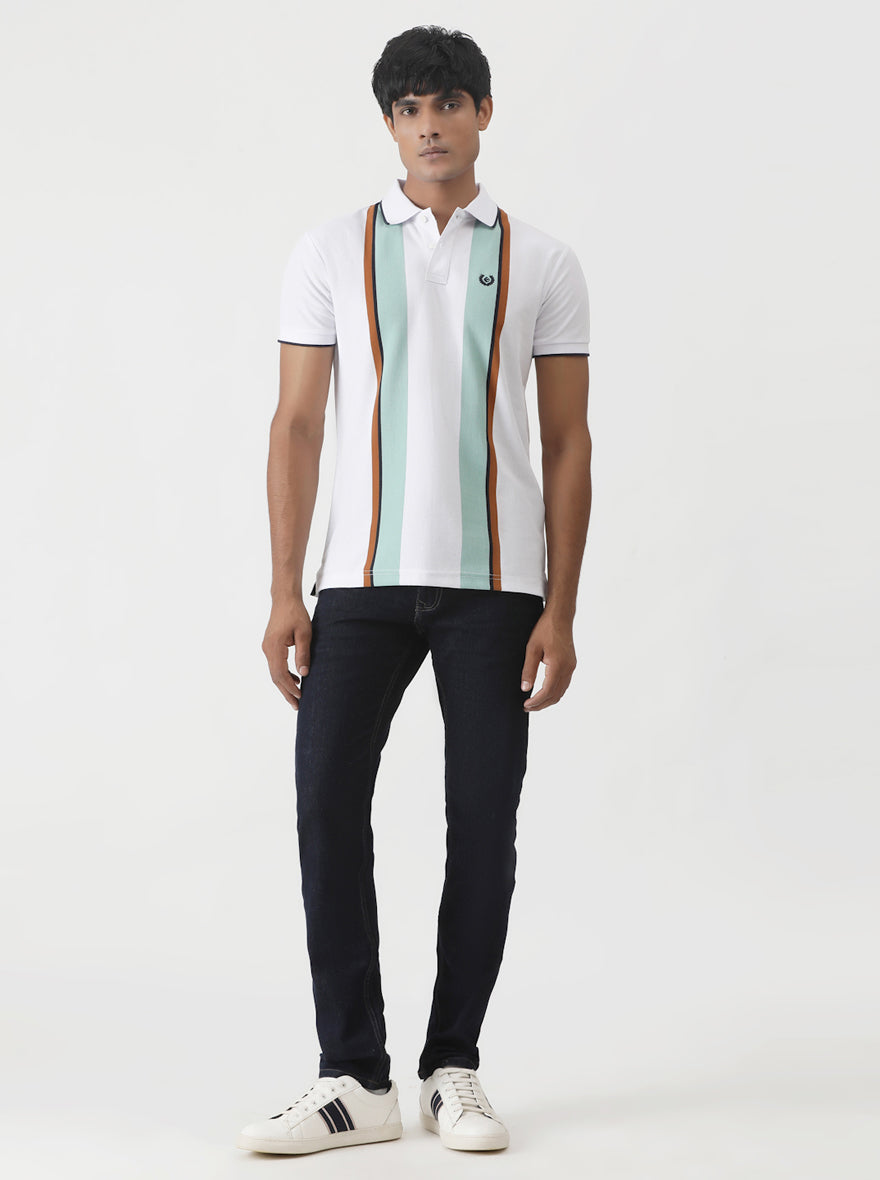 White Striped Slim Fit Polo T-Shirt | Greenfibre
