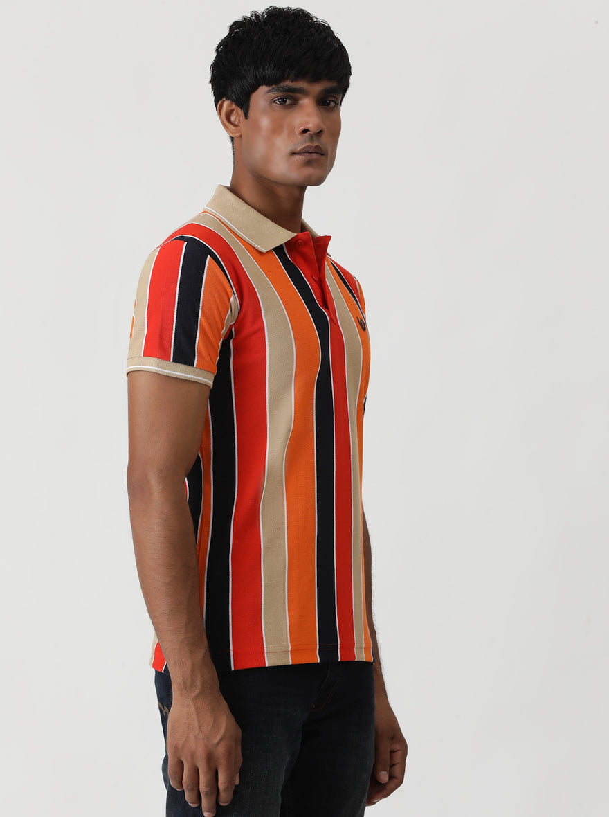 Red & Orange Striped Slim Fit Polo T-Shirt | Greenfibre