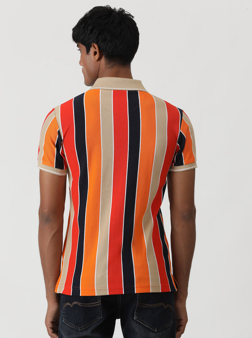 Red & Orange Striped Slim Fit Polo T-Shirt | Greenfibre