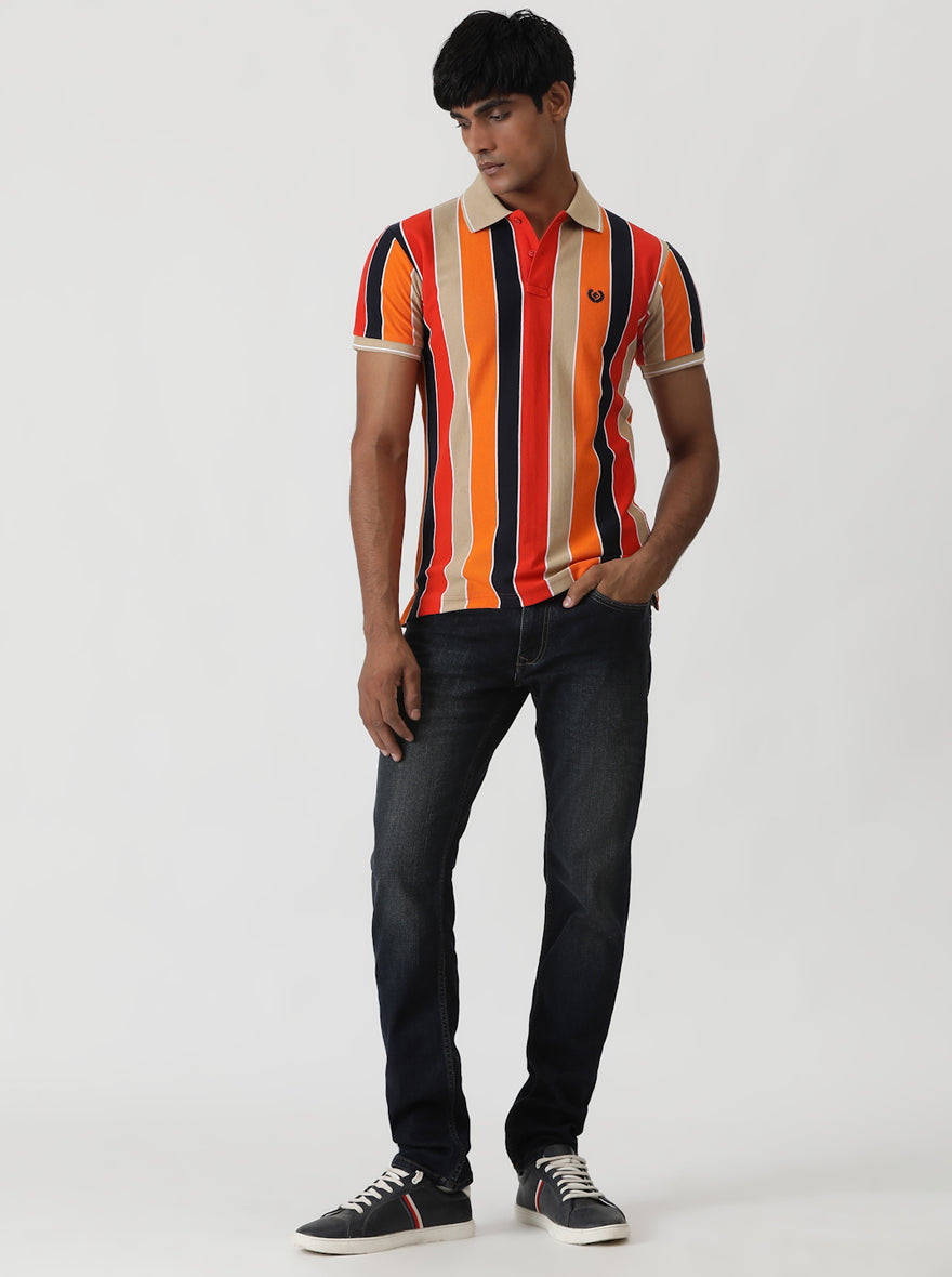 Red & Orange Striped Slim Fit Polo T-Shirt | Greenfibre