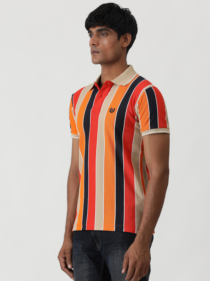 Red & Orange Striped Slim Fit Polo T-Shirt | Greenfibre