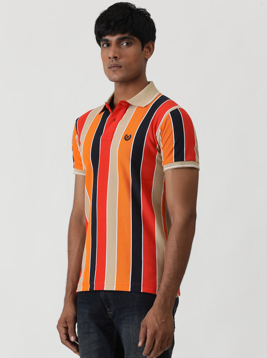 Red & Orange Striped Slim Fit Polo T-Shirt | Greenfibre