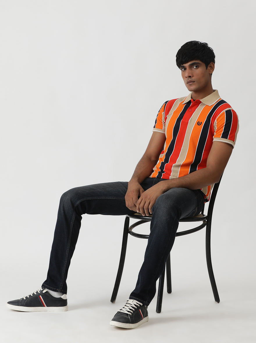 Red & Orange Striped Slim Fit Polo T-Shirt | Greenfibre