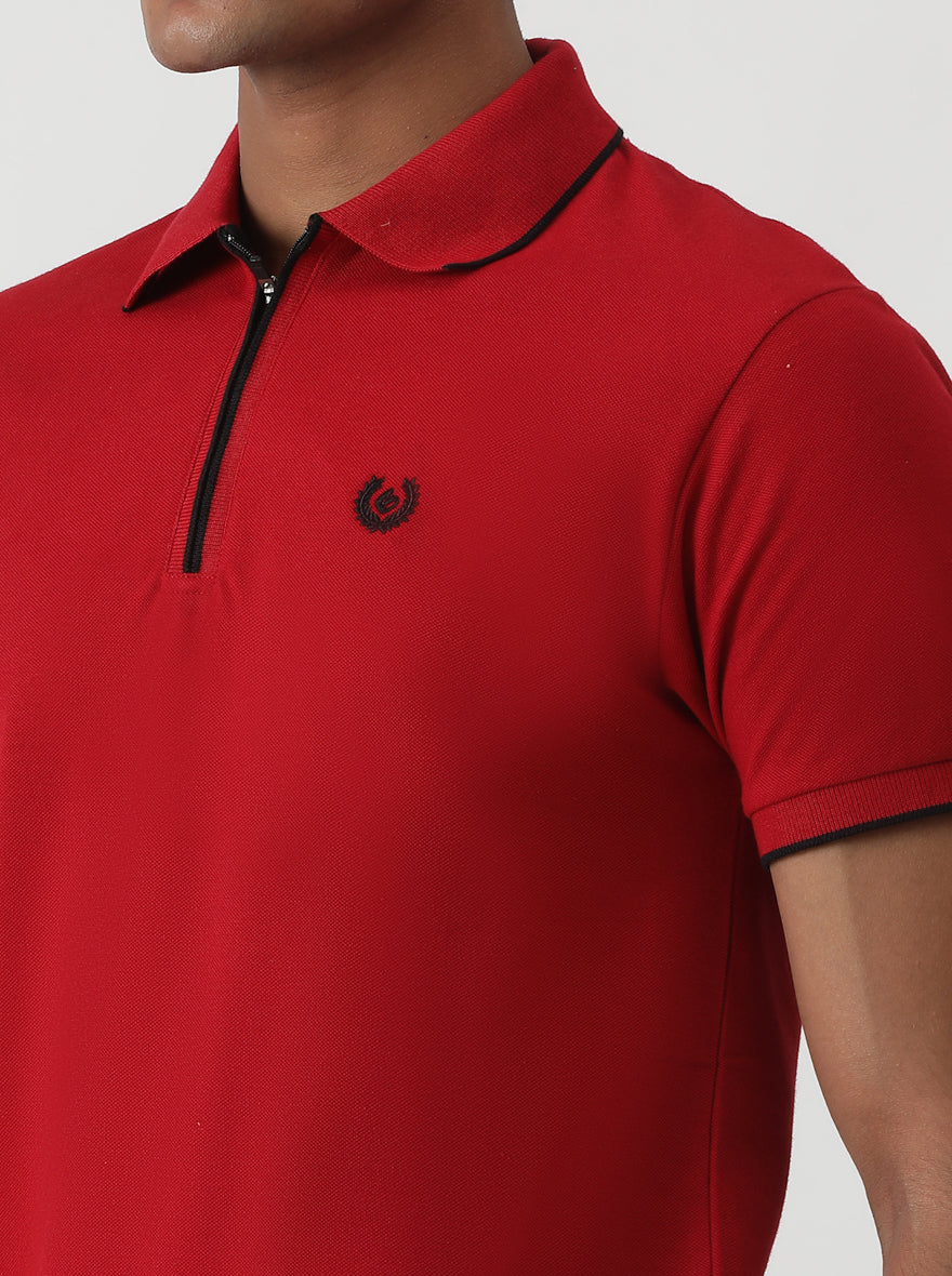 Red Solid Slim Fit Polo T-Shirt | Greenfibre