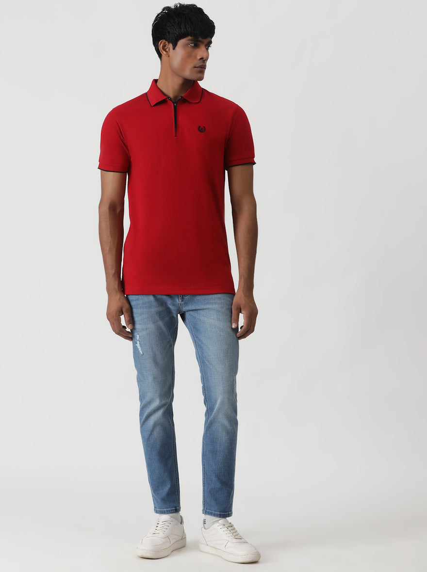 Red Solid Slim Fit Polo T-Shirt | Greenfibre