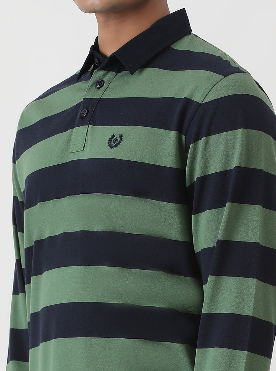 Green Striped Slim Fit Polo T-Shirt | Greenfibre