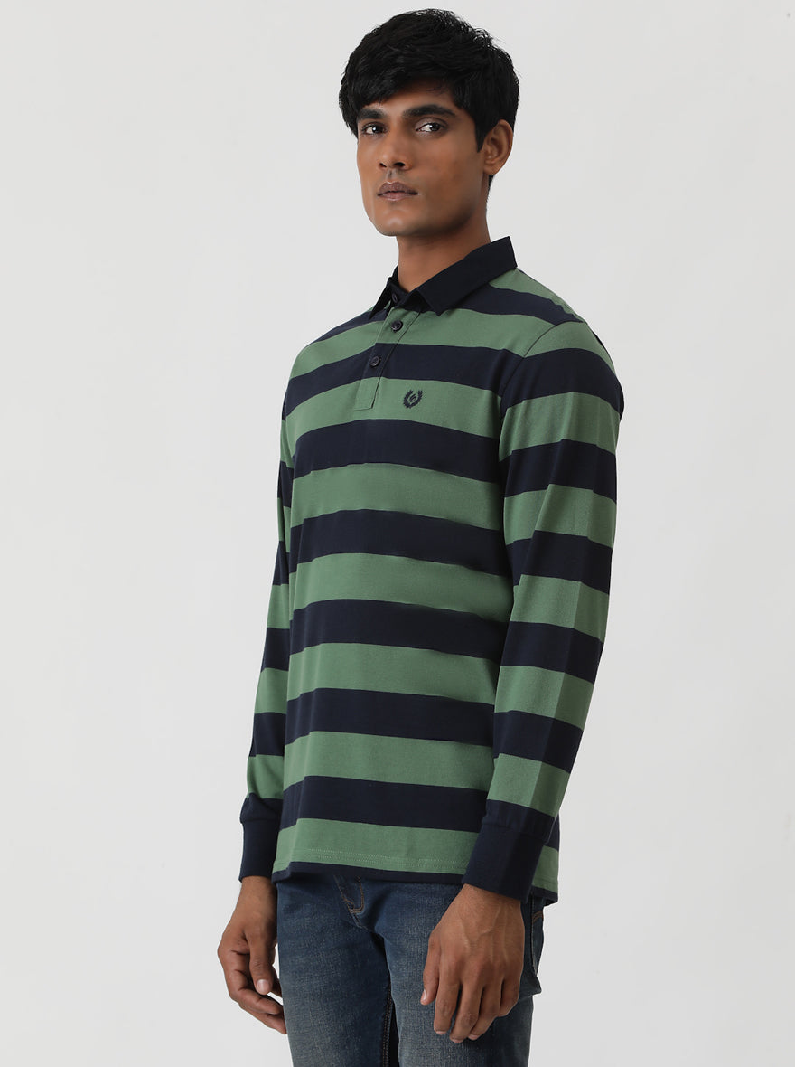 Green Striped Slim Fit Polo T-Shirt | Greenfibre