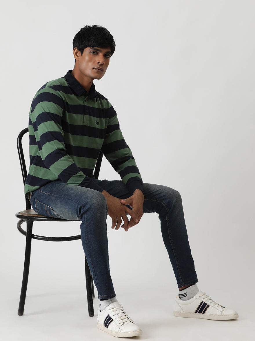 Green Striped Slim Fit Polo T-Shirt | Greenfibre