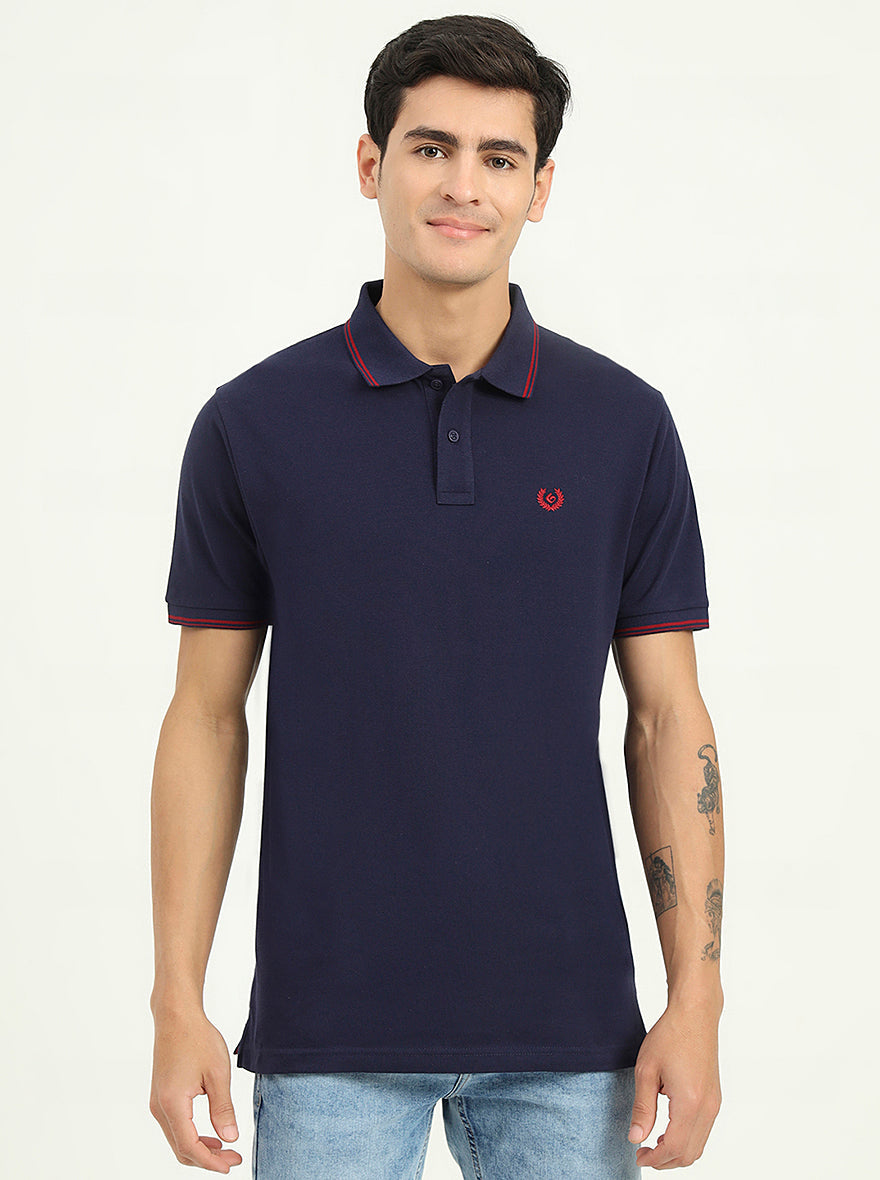 Navy Blue Solid Slim Fit Polo T-Shirt | Greenfibre