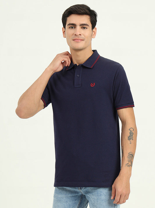 Navy Blue Solid Slim Fit Polo T-Shirt | Greenfibre